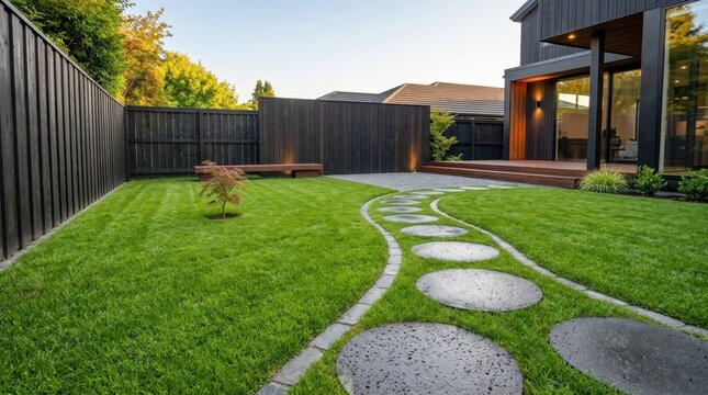 Sleek backyard design with dark wooden fence, gravel path, stone stepping stones, and a vibrant green lawn.