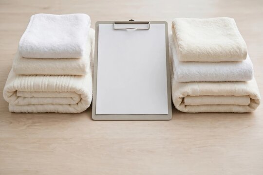 Stack of White Towels and Clipboard on Wooden Surface