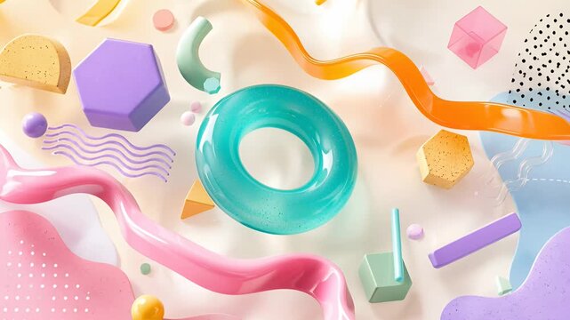 colorful abstract shapes and pastel 3d elements background loop