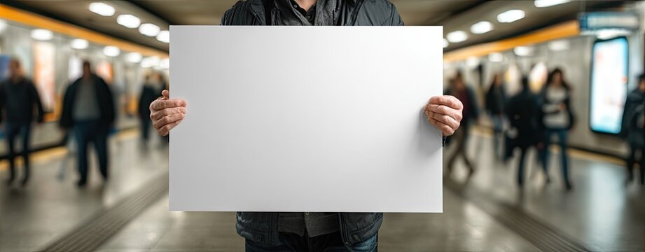 Person holding blank sign in subway station