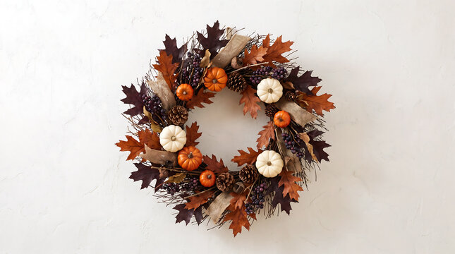 Autumn harvest wreath with colorful fall leaves and small pumpkins