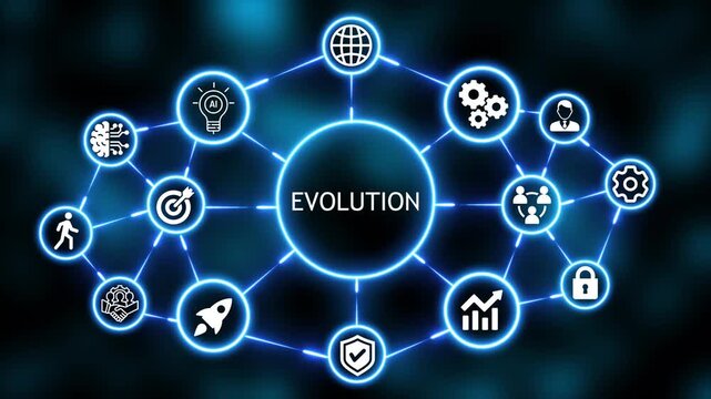  Futuristic Neon evolution HUD Concept with Connected Business and Technology Icons Abstract Background 4k
