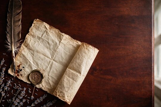 Vintage Writing Tools on Wood: Parchment, Quill, and Coins