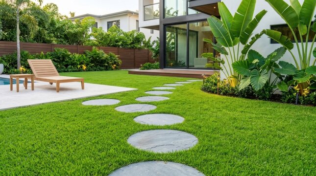 Lush green lawn with stepping stone path leading to backyard patio and modern house exterior.