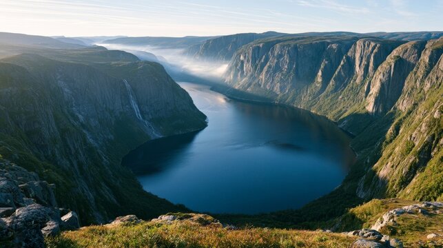 Panoramic fjord morning view with dissolving valley mist