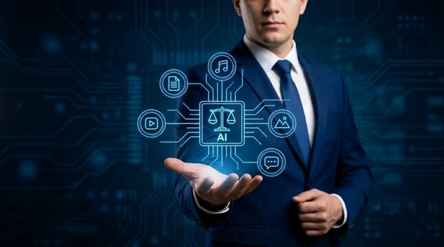 A businessman in a suit presents a glowing infographic of artificial intelligence integrated with legal scales and various digital icons on a dark blue circuit board pattern