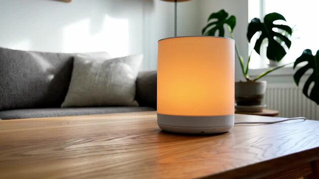 Blue glowing essential oil diffuser on a wooden table.