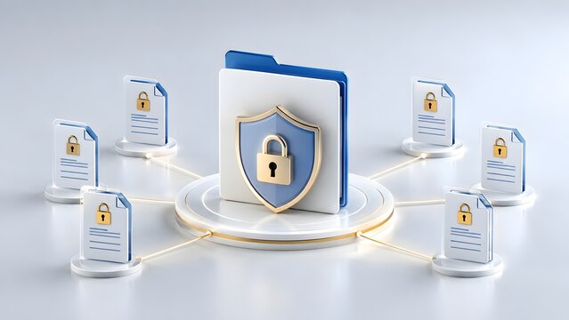 3D concept of secure file sharing network with master folder locked by shield and connected sub-documents