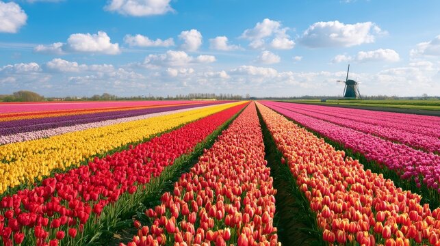 Windmill silhouette beyond colorful tulip bands in a polder
