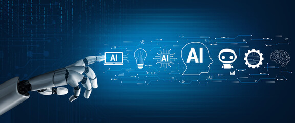 Plakat Futuristic Robot Hand Interacting with Digital Icons Representing AI Concepts and Technology Integration in Modern Society. Glyphic.