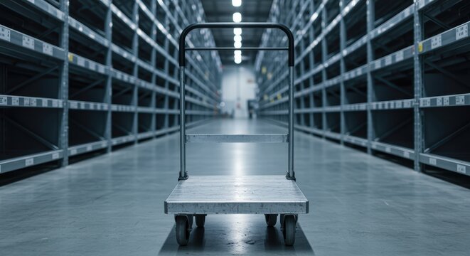 Warehouse cart standing idle in aisle between empty shelves industrial storage