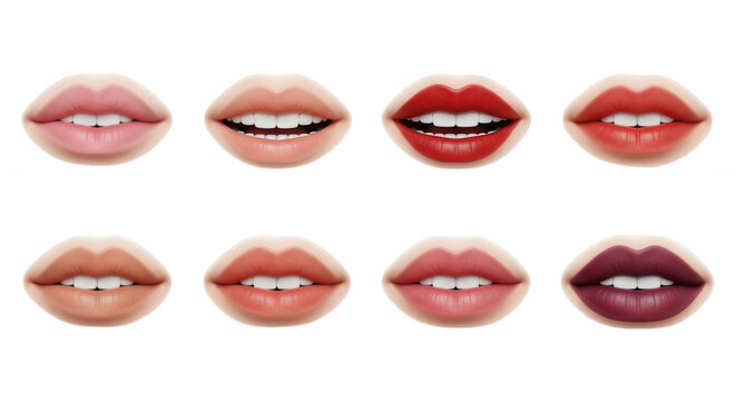 assortment of eight stylized lips different makeup shades against a plain white background for beauty product illustration