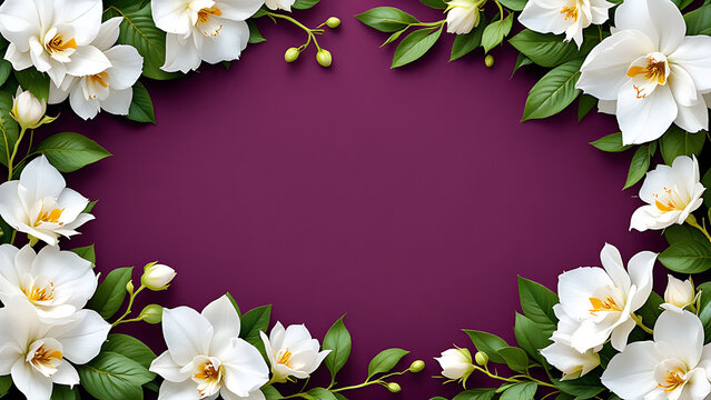 Glossy white orchid floral frame with green leaves on a deep purple background