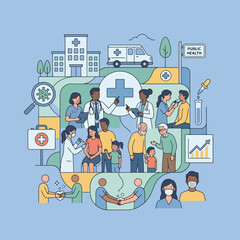 Naklejka premium A flat illustration showing medical professionals and patients in a community setting