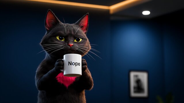 3d character of a black cat holding a white coffee mug with the word nope printed on the front animal