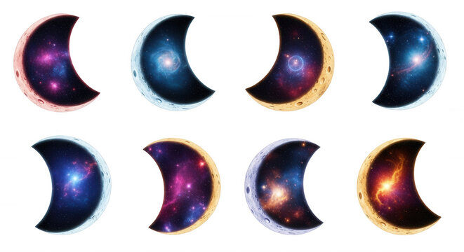 eight stylized crescent moons with outer space galaxies filling the interiors isolated on a white backdrop celestial themes