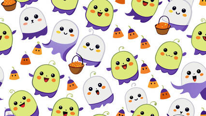 Obraz premium Cute cartoon halloween seamless pattern with ghosts and candy baskets halloween seamless background celebration illustration wallpaper wrapping creative trending minimalist cheerful