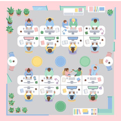 Naklejka premium A top view illustration of a busy modern office with many employees working hard