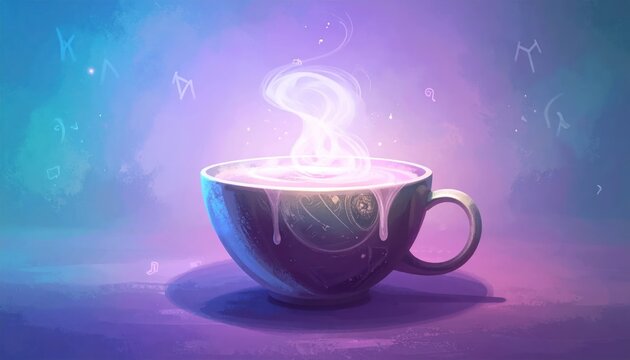 Glowing cup of coffee with swirling magical steam.