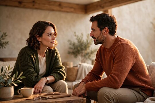 Intimate conversation between couple indoors