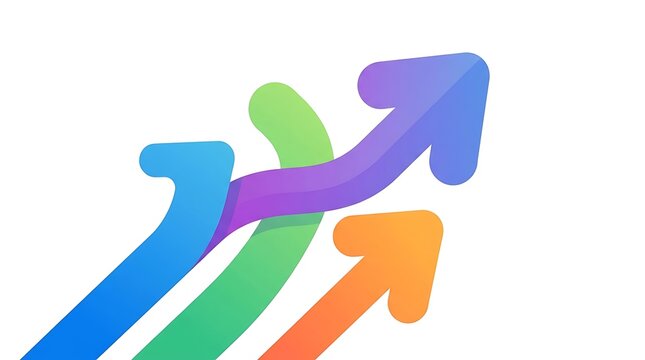 A vibrant digital flame-3 arrows merge graphic design illustration showcasing colorful paths converging into a single upward trajectory of growth and success