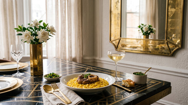 Traditional Italian osso buco with saffron risotto on a black marble table. Elegant contemporary dining setting with gold cutlery and white wine. Fine dining restaurant meal