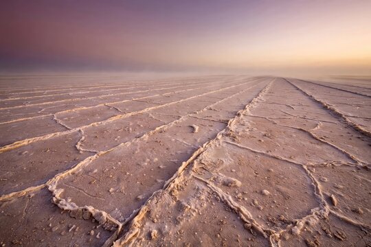 Vast Arid Salt Flats Landscape at Sunset with Parallel Tracks