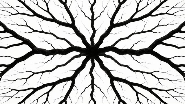 black and white illustration featuring a branching pattern resembling a network of tree roots or lightning. The design is centered on a plain white background, with the branches extending outward in a