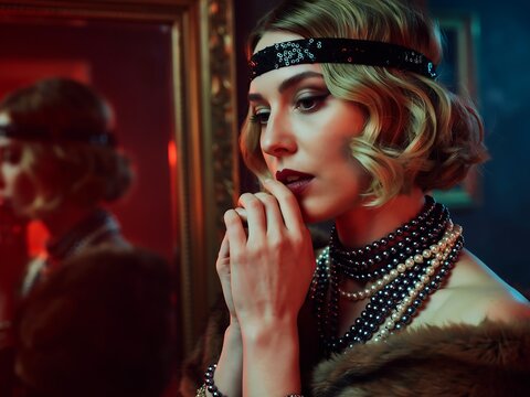A woman in 1920s flapper style attire with a beaded headband and pearl necklaces looking into a vintage gold mirror