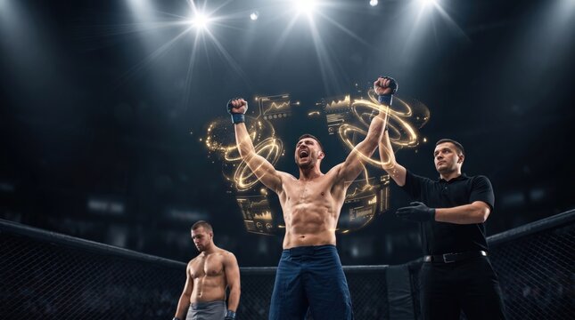 Mixed martial arts fighter celebrates victory with arms raised in a championship bout