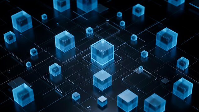 Abstract digital background, with glowing blue, transparent cubes floating, over a dark, grid pattern of, light lines now