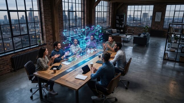 Diverse team collaborates on futuristic holographic technology in modern office