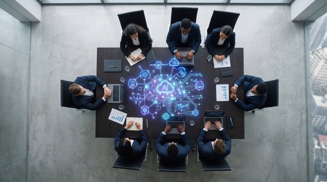 Diverse business team collaborates on AI and cloud technology strategy in modern boardroom