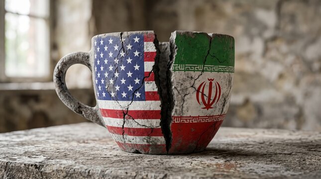 Cracked ceramic cup featuring divided national flags representing international diplomatic relations with depicts single weathered split down middle