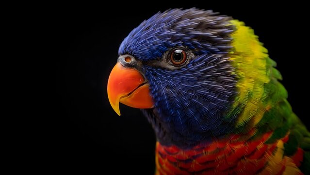 Close up portrait of a rainbow lorikeet bird with vibrant blue, yellow, green, and red feathers on black