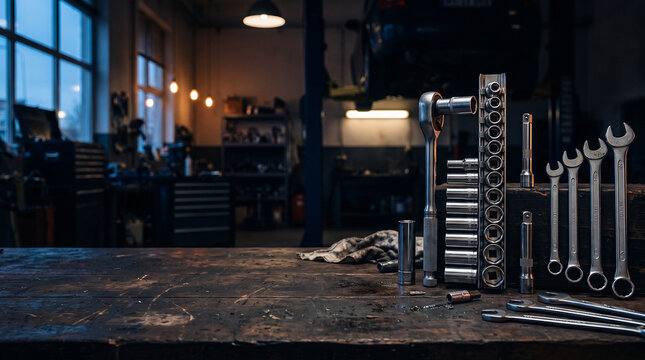 Automotive repair tools and wrench set on workbench in garage workshop