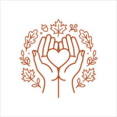 Naklejka premium Hands Holding Heart with Autumn Leaves Symbolizing Love and Gratitude