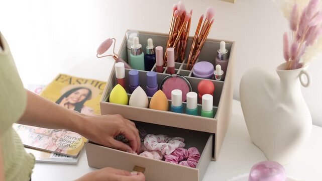 Woman taking hair scrunchies from drawer of holder with different makeup products at white table indoors, closeup