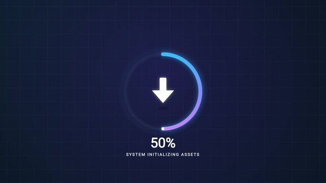 Futuristic circular loading progress bar with a downward arrow at 50% completion on dark background