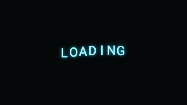Glowing blue neon LOADING text on black background for digital interface design concept