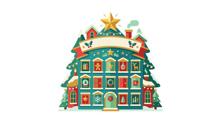 Fototapeta premium Advent calendar house in the shape of a decorated Christmas tree features numbered doors and holiday icons.