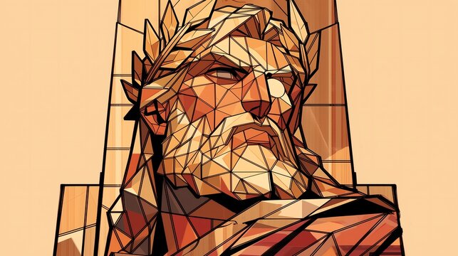 Vibrant cubist geometric illustration of bearded ancient god with golden laurel wreath on warm tan background, Greek mythology themed horizontal banner,Homer epic Iliad Odyssey myth