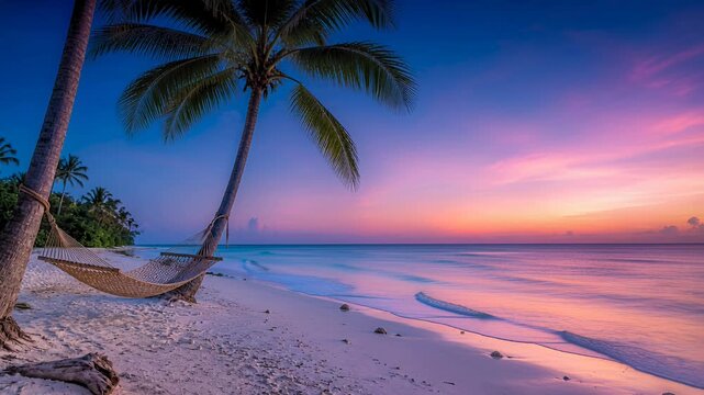 tropical beach sunset with palm trees and hammock over pink sky