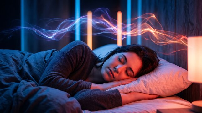 A person peacefully sleeping in bed with colorful energy waves emanating from their head,.