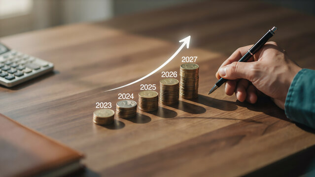 Stacked Coins With Growth Arrow And Pen On Wood Surface
