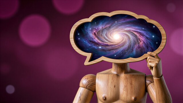 Wooden figure holds cosmic galaxy in thought bubble against purple bokeh background.