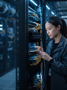 Server rack technician woman in data center checking network cable connection