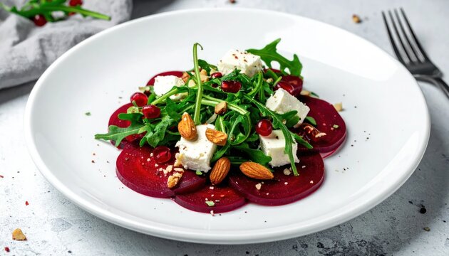 Beetroot salad with goat cheese and nuts.