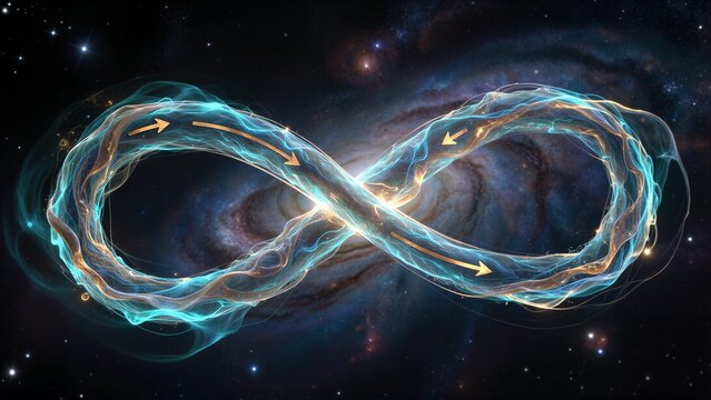 Cosmic infinity symbol glows with energy arrows, swirling through starry galaxy backdrop.
