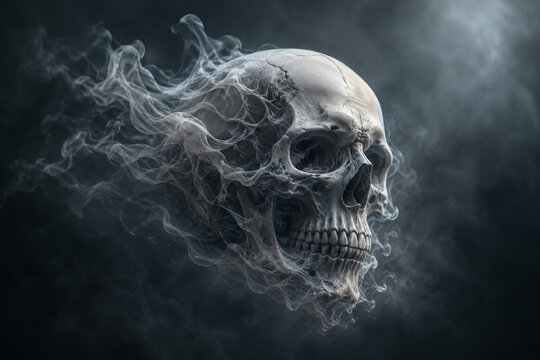 AI generated ghostly human skull dissolving into swirling smoke dark atmosphere representing mortality death mystery decay fear transformation the passage of time